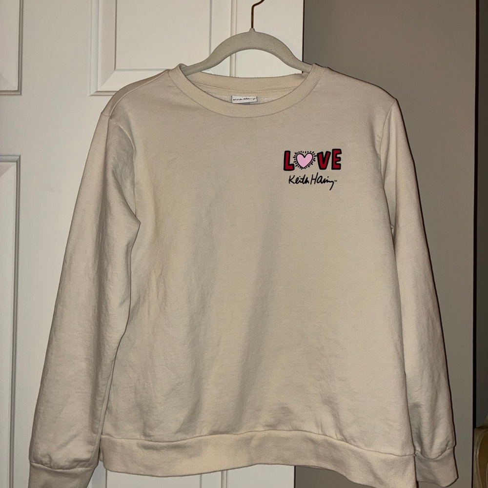 Keith‎ Haring LOVE Heart Graphic Sweatshirt Cream Pullover Sz M